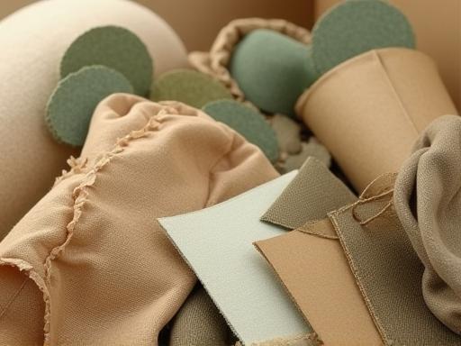 Assortment of eco-friendly packaging materials like recycled paper, biodegradable options, and FSC certified cardboard